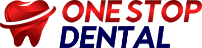 The image features a logo for One Stop Dental, which includes a graphic of a tooth and a phone, set against a white background with a red border.